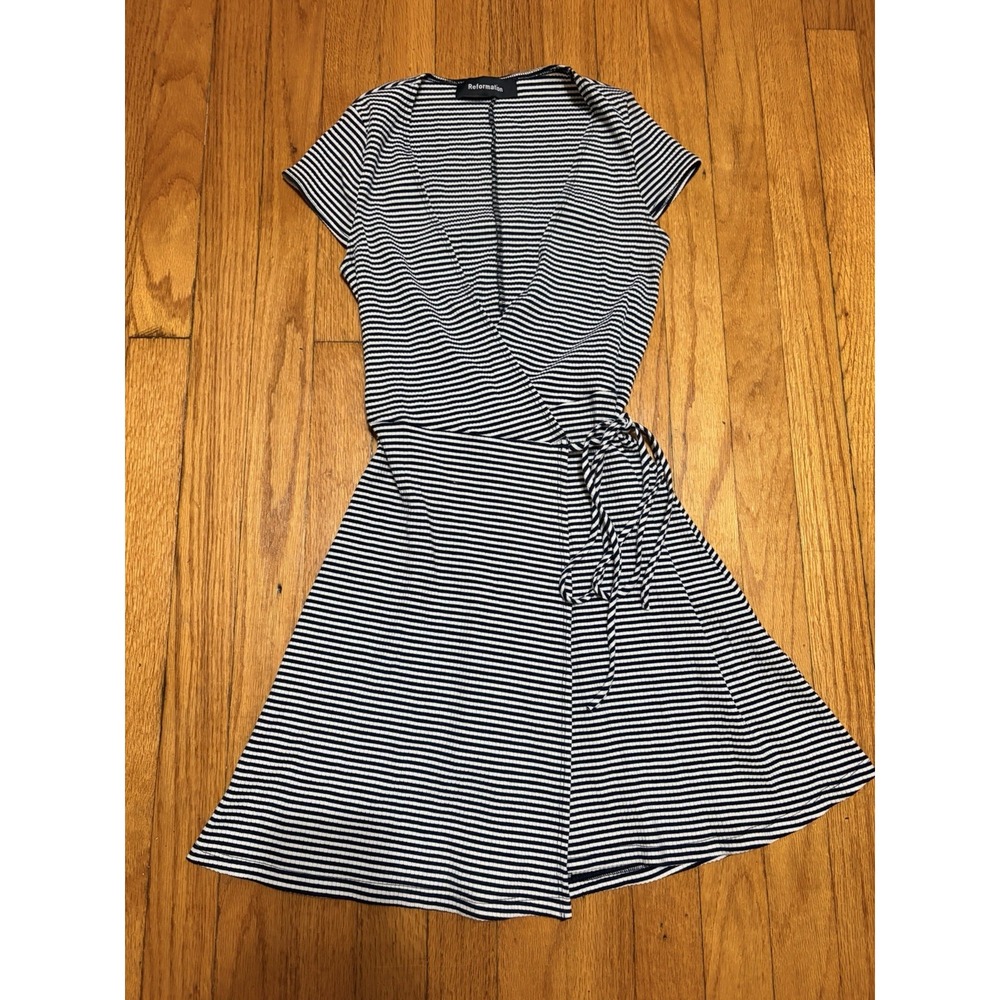 Reformation Striped Dainty Black White Mini Wrap Dress Size XS